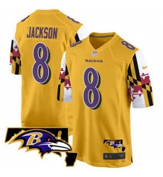 Men Baltimore Ravens 8 Lamar Jackson Gold 2025 Maryland Flag Vapor Limited Football Game Jersey