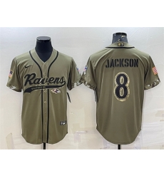 Men Baltimore Ravens 8 Lamar Jackson Olive 2022 Salute To Service Cool Base Stitched Baseball Jersey