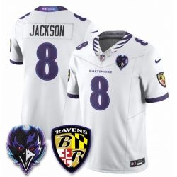 Men Baltimore Ravens Lamar Jackson #8 White F U S E Ravens Patch Stitched Jersey
