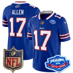 Men Buffalo Bills 17 Josh Allen Blue 2025 F U S E Farewell Season Gold Shield Patch Stitched Football Jersey