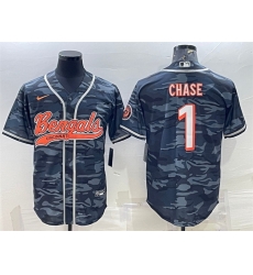 Men Cincinnati Bengals 1 Ja 27Marr Chase Grey Camo With Patch Cool Base Stitched Baseball Jersey