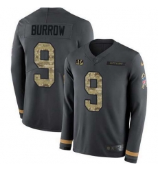 Nike Bengals 9 Joe Burrow Anthracite Salute to Service Men Stitched NFL Limited Therma Long Sleeve Jersey