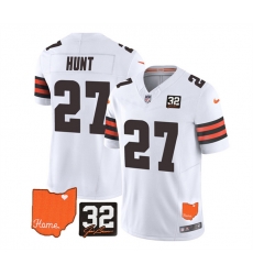 Men Cleveland Browns 27 Kareem Hunt White 2023 F U S E  With Jim Brown Memorial Patch Vapor Untouchable Limited Stitched Jersey