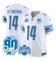 Men Detroit Lions 14 Amon Ra St  Brown White 2023 F U S E  90th Anniversary NFC North Division Champions Vapor Untouchable Limited Stitched Jersey