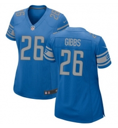 Women Detroit Lions 26 Jahmyr Gibbs Blue 2023 Draft Stitched Game Jersey 28Run Smaller 29