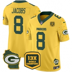 Men Green Bay Packers 8 Josh Jacobs Cheese Gold 2024 F U S E  13 Time World Champions And Home Patch Vapor Untouchable Limited Stitched Football Jersey