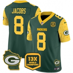 Men Green Bay Packers 8 Josh Jacobs Cheese Green 2024 F U S E  13 Time World Champions And Home Patch Vapor Untouchable Limited Stitched Football Jersey