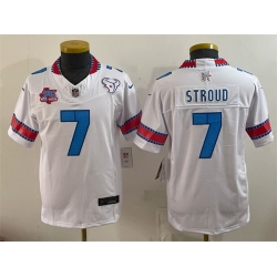 Youth Houston Texans  7 C J  Stroud White 2026 25th Anniversary Patch F U S E   HOUSTON US  Rivalries Collection Limited Stitched Football Jersey
