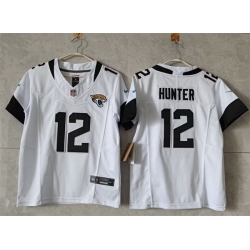 Women Jacksonville Jaguars 12 Travis Hunter White 2024 F U S E Vapor Limited Stitched Football Jersey 