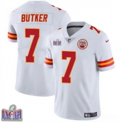 Men Kansas City Chiefs 7 Harrison Butker White Super Bowl LVIII Patch Vapor Untouchable Limited Stitched Football Jersey