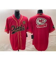 Men Kansas City Chiefs Red Gold Team Big Logo With Patch Cool Base Stitched Baseball Jersey