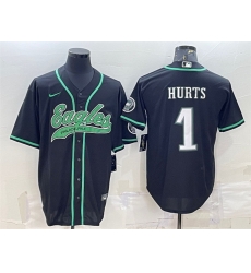 Men Philadelphia Eagles 1 Jalen Hurts Black With Patch Cool Base Stitched Baseball Jersey