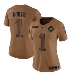 Women Philadelphia Eagles 1 Jalen Hurts 2023 Brown Salute To Service Limited Stitched Football Jersey  Run Small