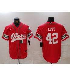 Men San Francisco 49ers 42 Ronnie Lott Red With Patch Cool Base Stitched Baseball Jersey  2