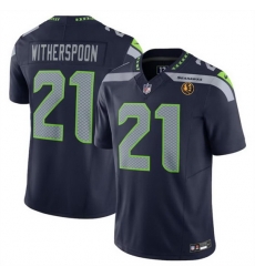 Men Seattle Seahawks 21 Devon Witherspoon Navy 2023 F U S E  With John Madden Patch Vapor Limited Stitched Football Jersey