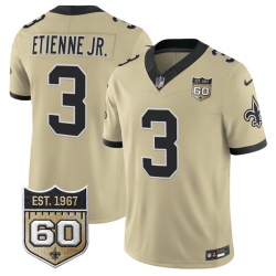 Men New Orleans Saints  3 Travis Etienne Jr  Gold 2026 F U S E 60th Anniversary Patch Vapor Limited Football Stitched Jersey