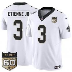 Men New Orleans Saints  3 Travis Etienne Jr White 2026 F U S E 60th Anniversary Patch Vapor Limited Football Stitched Jersey
