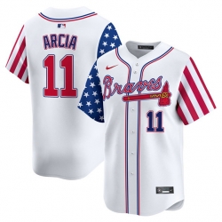 Men Atlanta Braves 11 Orlando Arcia White 2024 Independence Day Vapor Limited Stitched Baseball Jersey