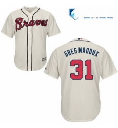 Mens Majestic Atlanta Braves 31 Greg Maddux Replica Cream Alternate 2 Cool Base MLB Jersey