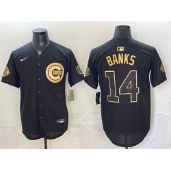 Men Chicago Cubs  14 Ernie Banks Black Gold 150th Anniversary Patch Stitched Baseball Jersey