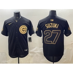 Men Chicago Cubs  27 Seiya Suzuki Black Gold 150th Anniversary Patch Stitched Baseball Jersey