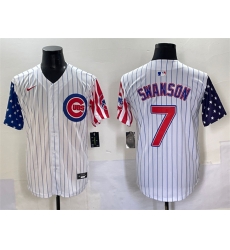 Men Chicago Cubs 7 Dansby Swanson White Pinstripe 2025 Independence Day Vapor Premier Limited Stitched Baseball Jersey