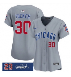 Women Chicago Cubs 30 Kyle Tucker Gray Ryne Sandberg Tribute Vapor Limited V3 Stitched Baseball Jersey