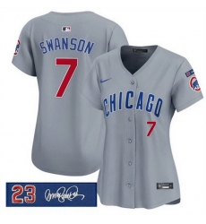 Women Chicago Cubs 7 Dansby Swanson Gray Ryne Sandberg Tribute Vapor Limited V3 Stitched Baseball Jersey