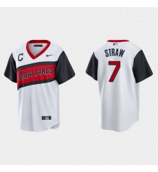 Men Cleveland Indians 7 Myles Straw Men Nike White 2021 Little League Class Game MLB Jersey