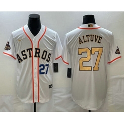 Mens Houston Astros #27 Jose Altuve Number 2023 White Gold World Serise Champions Patch Cool Base Stitched Jersey