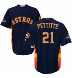 Mens Majestic Houston Astros 21 Andy Pettitte Replica Navy Blue Alternate 2018 Gold Program Cool Base MLB Jersey