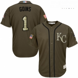 Mens Majestic Kansas City Royals 1 Ryan Goins Authentic Green Salute to Service MLB Jersey 