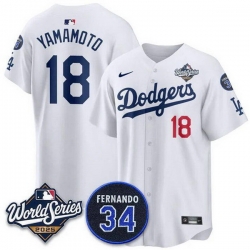 Men Los Angeles Dodgers 18 Yoshinobu Yamamoto White 2025 World Series With No 34 Patch Home Limited Stitched Baseball Jersey