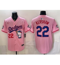 Men Los Angeles Dodgers  22 Clayton Kershaw Pink Hello Kitty Night 2025 World Series Champions Patch Stitched Baseball Jersey