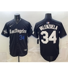 Men Los Angeles Dodgers  34 Fernando Valenzuela Black 2025 World Series Champions Patch  Gothic Edition  Vapor Premier Limited Stitched Baseball Jersey