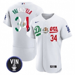 Men Los Angeles Dodgers 34 Fernando Valenzuela White Mexico Special Vin Scully Patch Flex Base Stitched Baseball Jersey