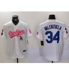 Men Los Angeles Dodgers 34 Fernando Valenzuela White Pink Vin  26 Kobe Patch Stitched Baseball Jersey