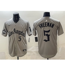 Men Los Angeles Dodgers 5 Freddie Freeman Grey LA Gothic Style With 2025 World Series Champions Patch Limited Stitched Baseball Jersey
