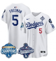 Men Los Angeles Dodgers 5 Freddie Freeman White 2025 World Series Champions  26 Back to Back Champions With No 34 Patch Limited Stitched Baseball Jersey