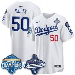 Men Los Angeles Dodgers 50 Mookie Betts White 2025 World Series Champions  26 Back to Back Champions With No 34 Patch Limited Stitched Baseball Jersey