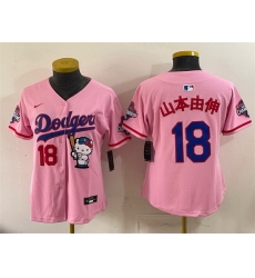 Women Los Angeles Dodgers  18 Yoshinobu Yamamoto Pink Hello Kitty Night 2025 World Series Champions Patch Stitched Baseball Jersey