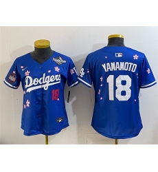 Women Los Angeles Dodgers 18 Yoshinobu Yamamoto Royal 2025 World Series Patch Tokyo Series Limited Stitched Baseball Jersey 