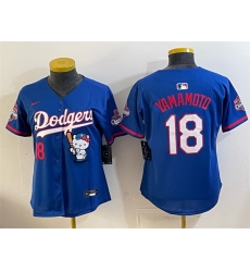 Women Los Angeles Dodgers  18 Yoshinobu Yamamoto Royal Hello Kitty Night 2025 World Series Champions Patch Stitched Baseball Jersey