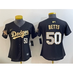 Women Los Angeles Dodgers 50 Mookie Betts Black Gold 2025 World Series Champions Patch Limited Stitched Baseball Jersey 
