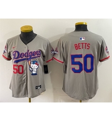 Women Los Angeles Dodgers  50 Mookie Betts Grey Hello Kitty Night 2025 World Series Champions Patch Stitched Baseball Jersey