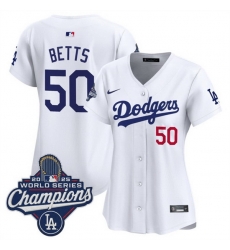 Women Los Angeles Dodgers 50 Mookie Betts White 2025 World Series Champions Home Cool Base Stitched Baseball Jersey 