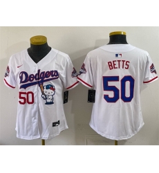 Women Los Angeles Dodgers  50 Mookie Betts White Hello Kitty Night 2025 World Series Champions Patch Stitched Baseball Jersey
