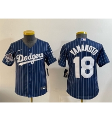 Youth Los Angeles Dodgers 18 Yoshinobu Yamamoto Navy Pinstripe 2025 World Series Champions Patch Cool Base Stitched Baseball Jersey