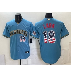 Men Milwaukee Brewers 18 Luis Lara Blue 2026 USA 250 Fourth of July Home Stadium Stitched Baseball Jersey Men Milwaukee Brewers 18 Luis Lara Blue 2026 USA 250 Fourth of July Home Stadium Stitched Baseball Jersey