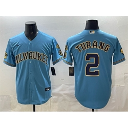 Men Milwaukee Brewers  2 Brice Turang Blue With Home   Bob Uecker Patch Stitched Baseball Jersey